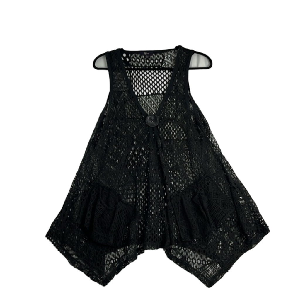 Lily Long-Length Crochet Knit Black Witchy Web Vest